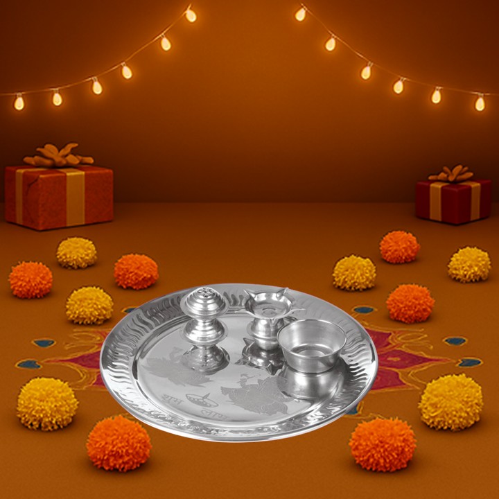 Divine Mini Pooja Thali set with Pooja Plate, Agarbatti stand, Diya, Prasad bowl