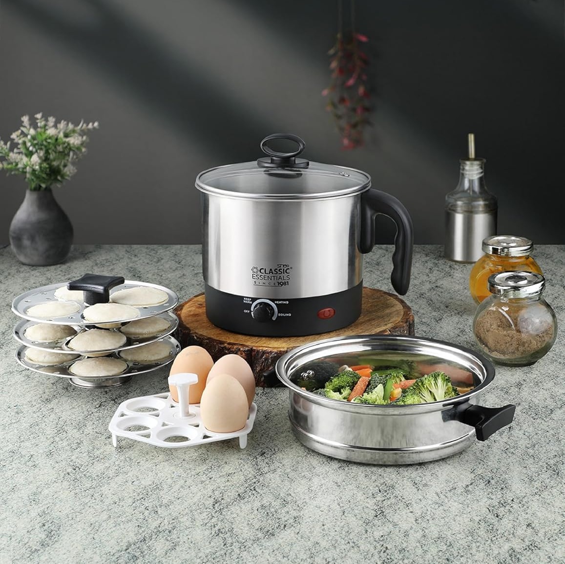 Classic Essentials Electric Multi Kettle 1.5 L with steamer 6 egg tray Idli Stand Egg boiler
