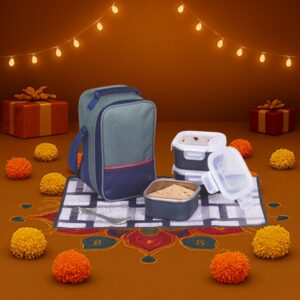 Zippy Square Lunch Box bag with 3 SS Containers, Fork, Spon & Mat