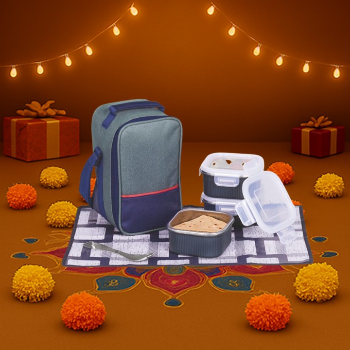 Zippy Square Lunch Box bag with 3 SS Containers, Fork, Spon & Mat